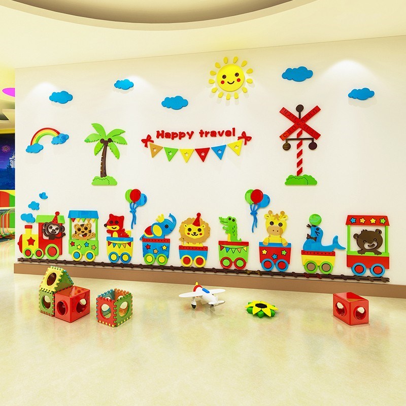 火车动物3d立体墙画儿童房幼儿园教室背景墙面环境装饰画