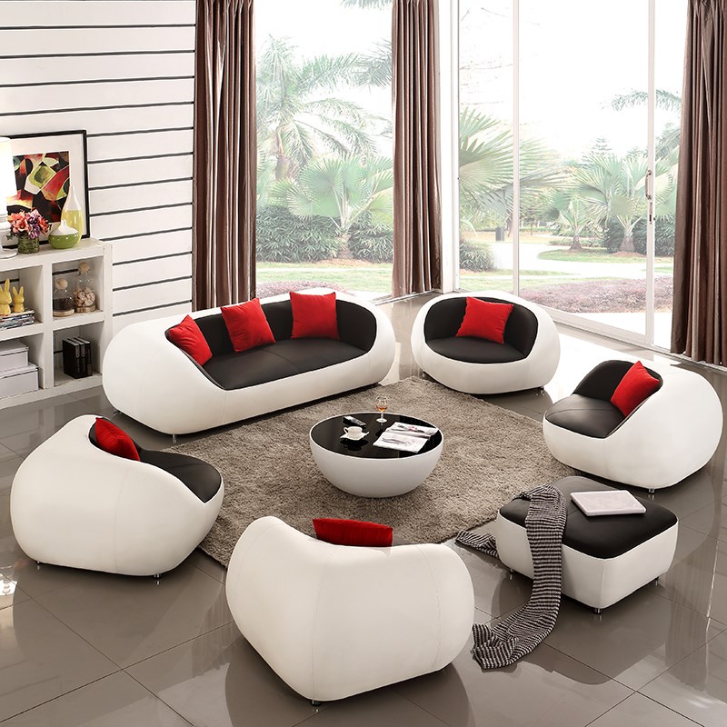 现代简约真皮沙发个性创意时尚客厅头层牛皮弧形异型休闲黑白组合