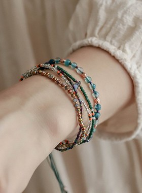波西米亚风彩色民族风串珠 法式度假编织可调节手链 夏季小众配饰