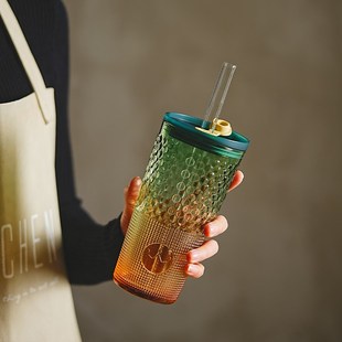 咖啡杯办公室家用奶茶杯子 玻璃吸管杯大容量高颜值水杯带盖冰美式
