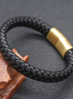 欧美复古黑色皮编织手链简约金色磨砂钛钢手环刻字可穿3D硬金