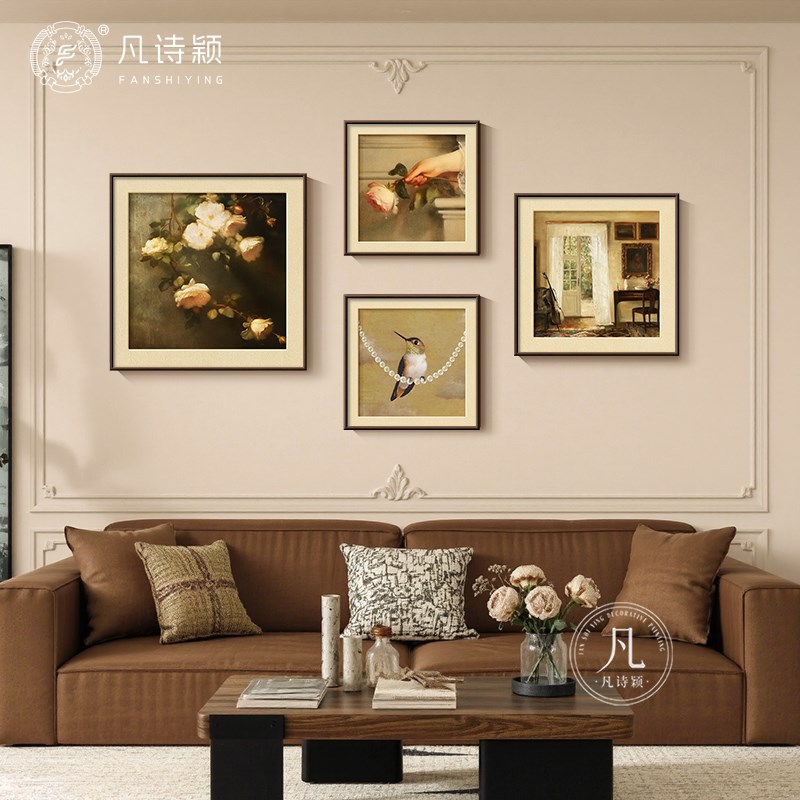 室内阳光中古风客厅沙发装饰画美式复古艺术画法式餐厅画卧室挂画图片