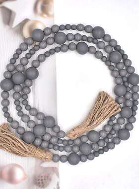 INS装饰挂件  新款深灰色木珠麻绳流苏串  创意彩色木珠流苏串珠