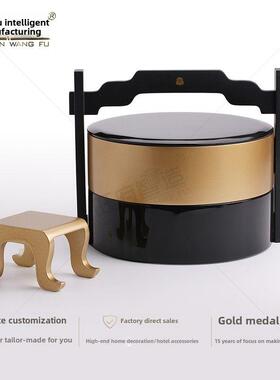 新款中国风酒店轻奢混搭创意装饰摆件实木圆提篮食盒糖果漆器盒