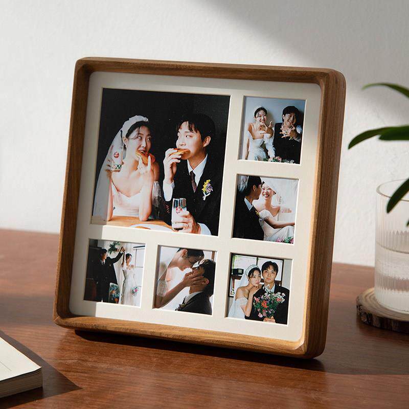 时几初实木相框摆台diy九宫格方8寸定制宝宝B超照片婚纱照黑胡桃