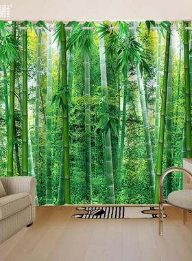定制绿色竹子竹林窗帘风景画客厅卧室书房茶室民宿遮光纱帘布帘