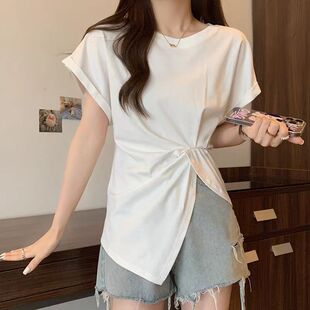 设计感小众短袖T恤女夏季韩版宽松百搭开叉下摆半截袖上衣服潮ins