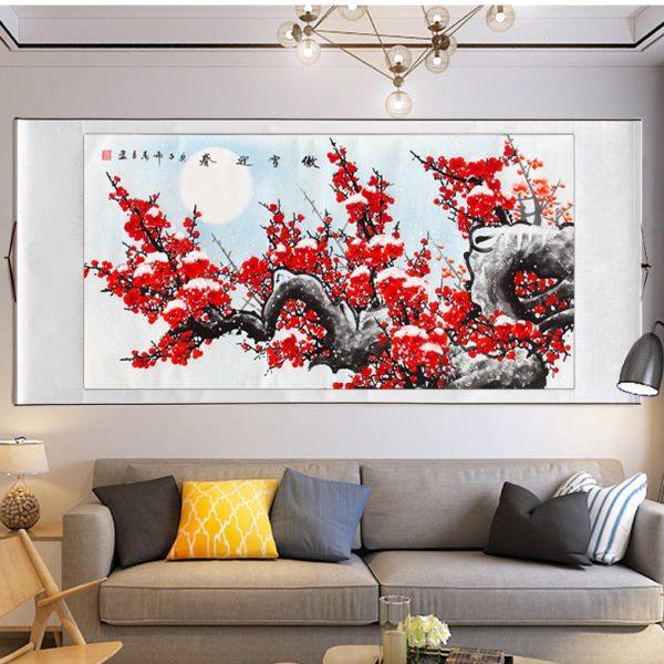 国画梅花喜上眉梢客厅办公室花鸟挂画餐厅装饰画四尺装裱横幅卷轴