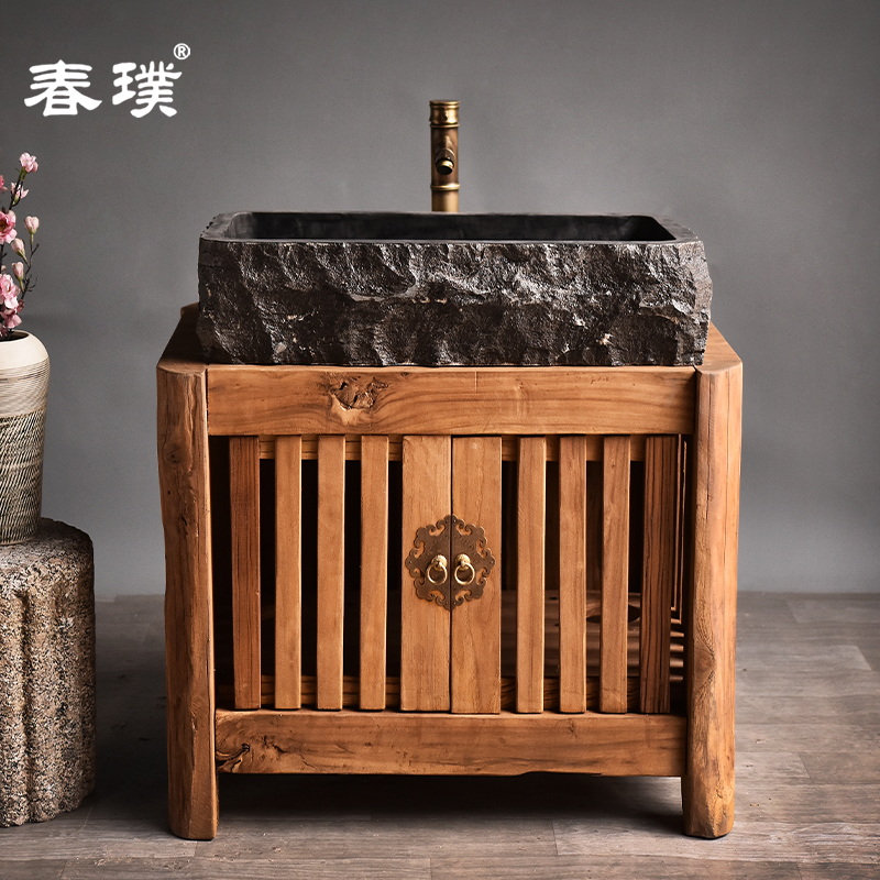 户外石头洗手盆庭院室外洗手水池洗脸台盆中式立柱盆老Y榆木洗手
