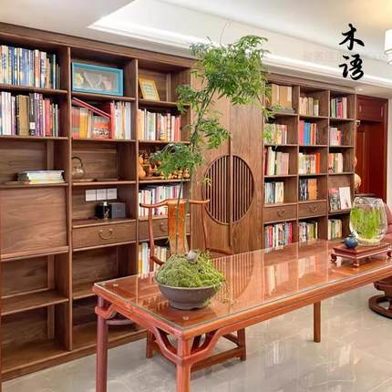 北美黑胡桃木满墙书柜客厅落地实木书架现代简约储物柜展示柜定制