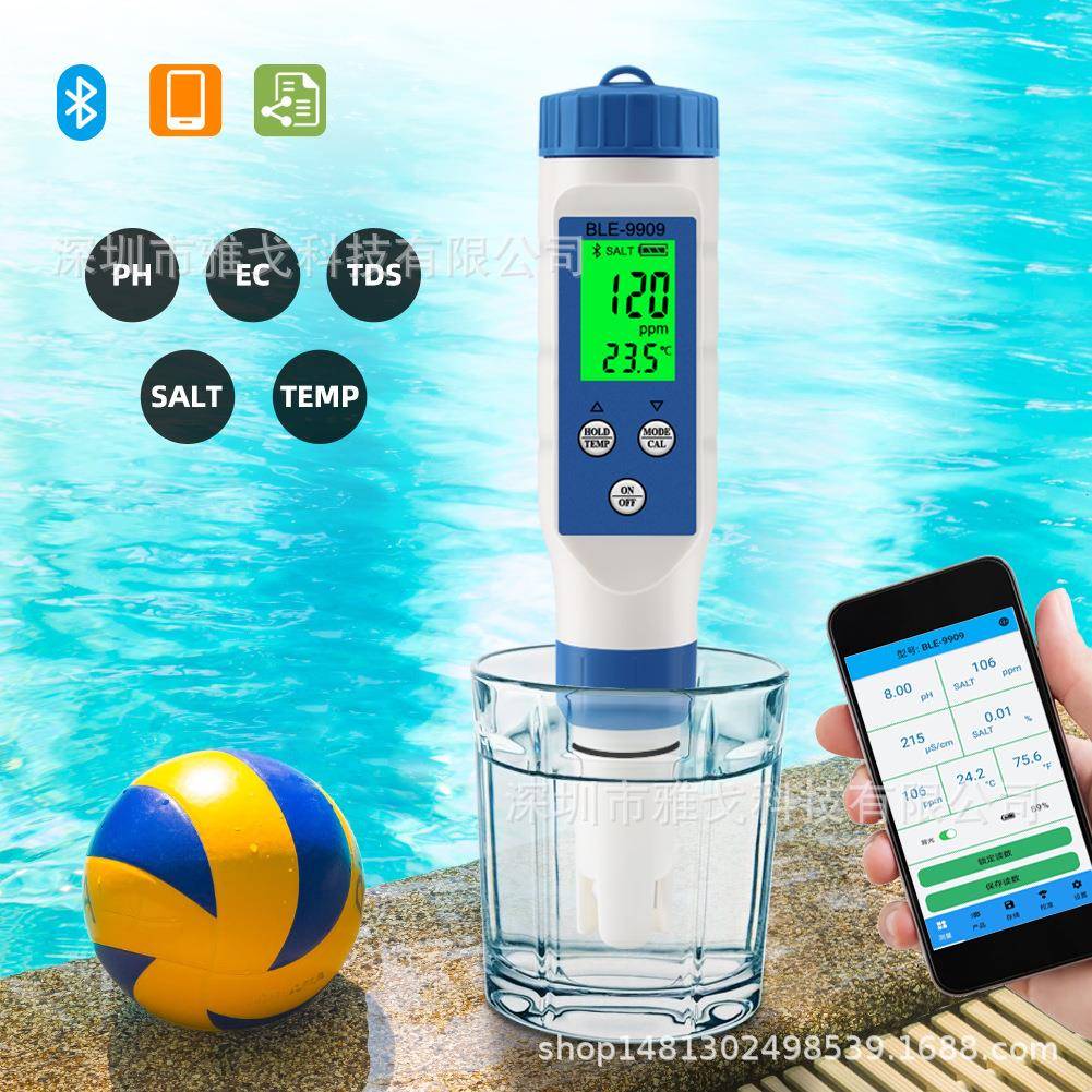 9909蓝牙连接五合一PH值TDS/EC电导率盐度计温度测试仪海水检测仪