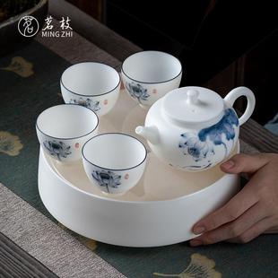 家用办公室小套茶壶功夫茶杯干泡茶盘中式 茗枝羊脂玉白瓷茶具套装