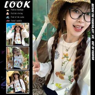t恤女 亚珞媞早秋韩系慵懒松弛感上衣超好看显瘦白色花卉印花长袖