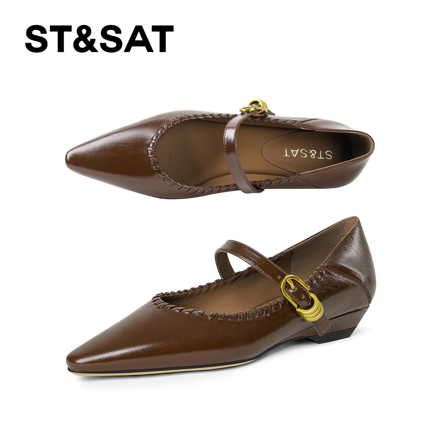 St&Sat/星期六尖头浅口低跟法式单鞋学院风一字带复古玛丽珍鞋