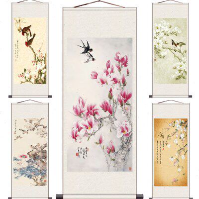 玉兰花卷轴画兰花花鸟画丝绸画绢画仿古画宣纸挂画装饰卷轴国画