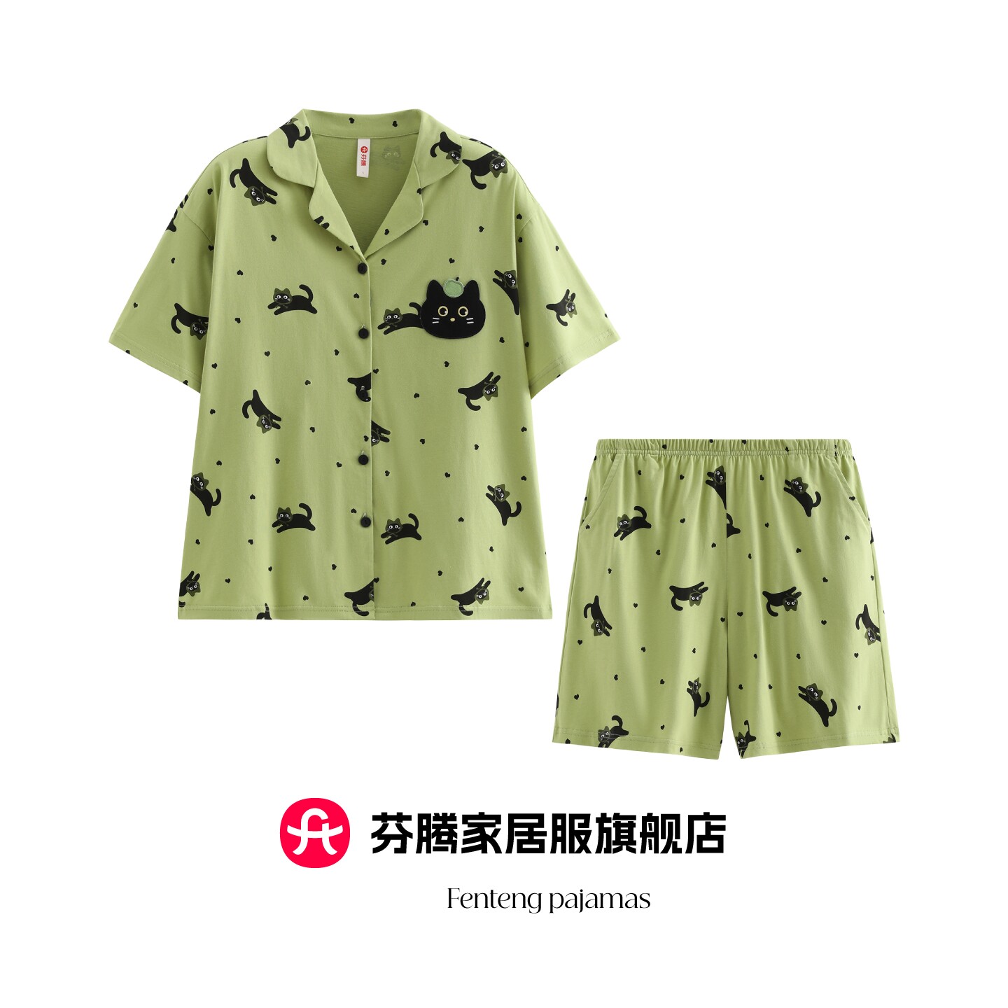 芬腾可爱小猫波点睡衣女夏季纯棉翻领短袖短裤卡通家居服新款套装