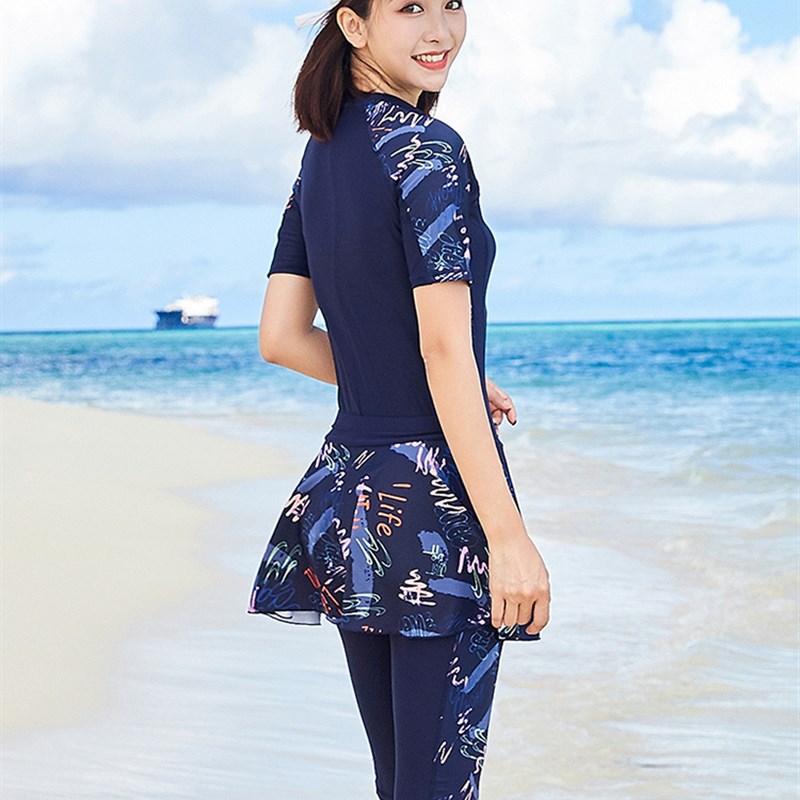 游泳衣女保守连体平角加长五分裤遮肚显瘦加肥特大码裙式温泉泳装