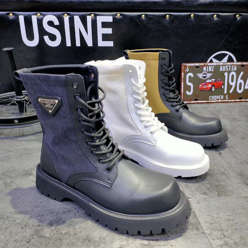 网红马丁靴男高帮英伦风2025新款春秋百搭厚底机车工装小白皮靴子
