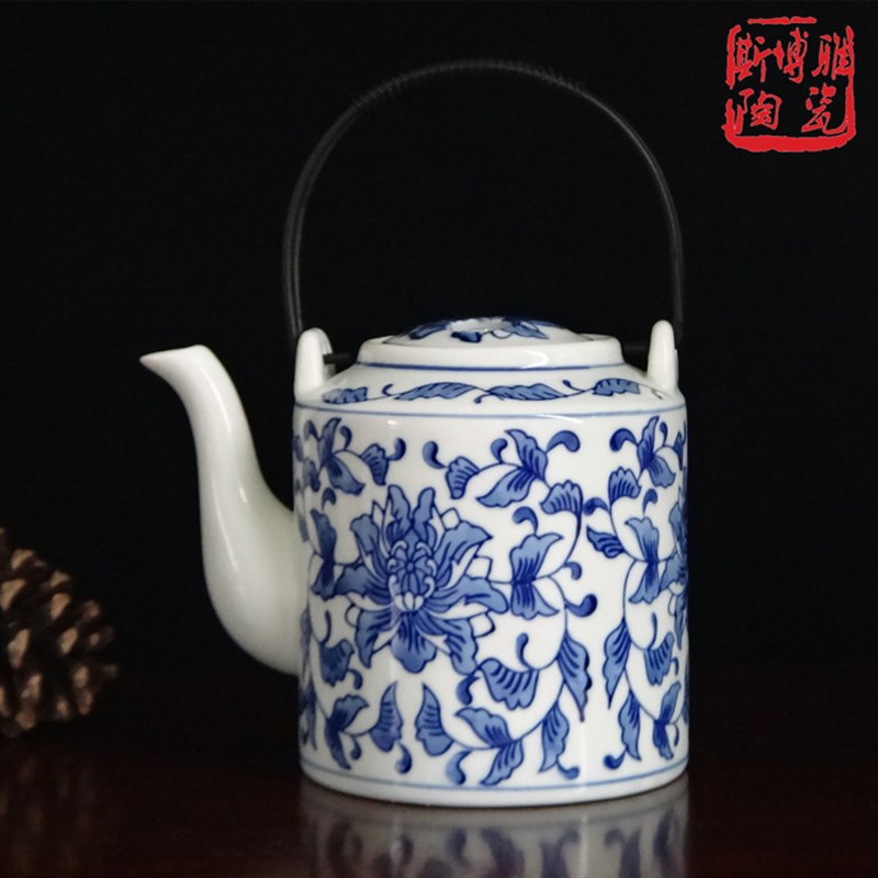 青花手工加彩陶瓷提梁壶酒店饭店家用泡茶壶时尚简约凉水壶耐高温