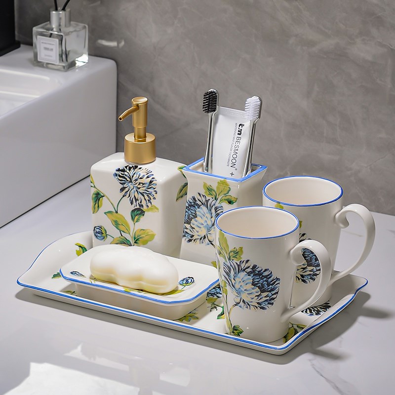 美式家用卫生间陶瓷漱口杯套装酒店民宿洗漱杯套件刷牙杯浴室牙具