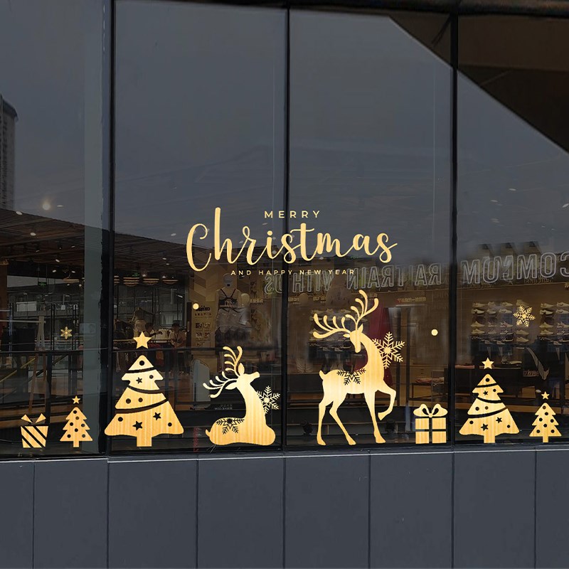 圣诞节静电贴圣诞玻璃贴纸装饰门贴窗贴场景布置店内墙面金色装扮