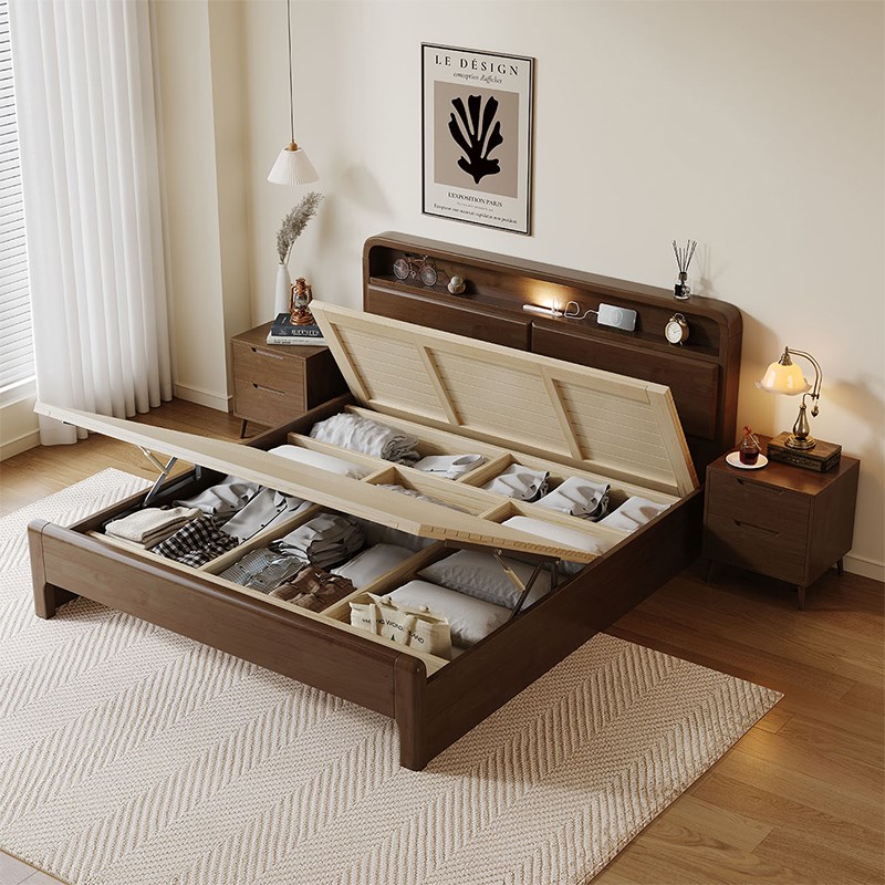 榫卯实木床1.2m1.35m单人实木储物床架1.5m1.8m双人主卧箱体大床