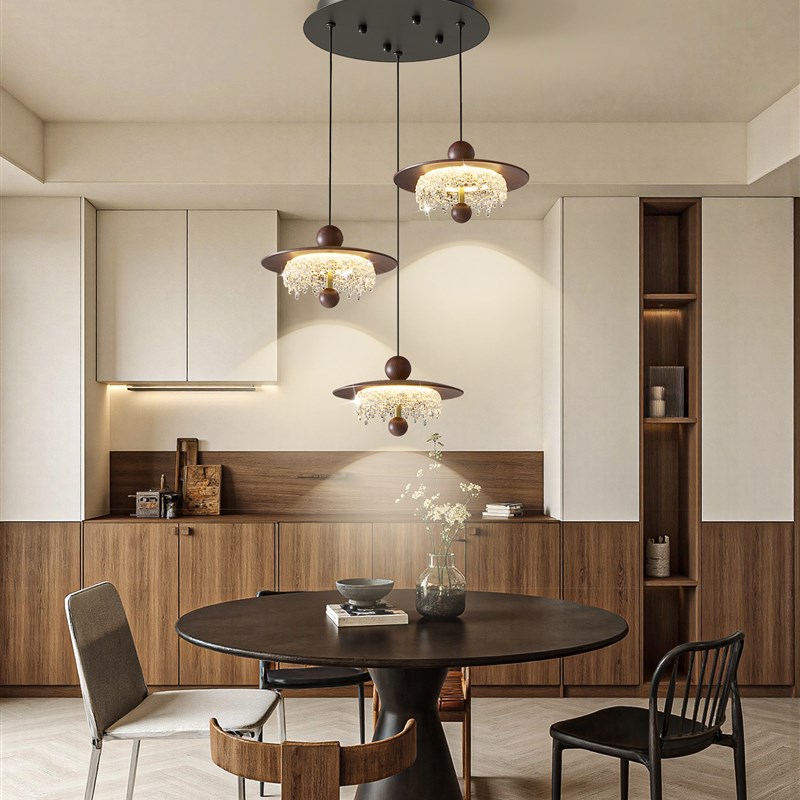 餐厅吊灯法式中古风胡桃木色覆古创意水滴护眼新款三头吧台餐桌灯