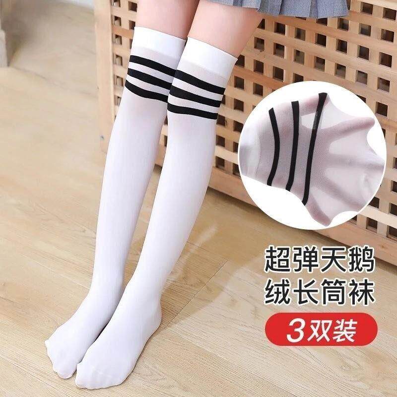 长筒丝袜女过膝袜夏日系学院风白色春秋薄大腿JK高筒三条杠条纹CH