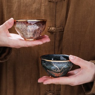 个人喝茶碗茶盏品茗杯礼盒装 钧窑建盏描金主人杯功夫茶杯套装