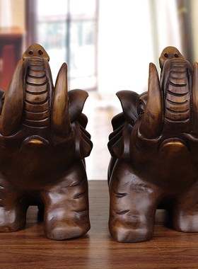 招财大象摆件一对实木雕新年送礼品客厅玄关办公室装饰吉象工艺品