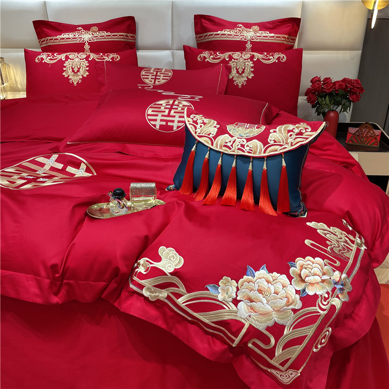婚庆四六件套60支长绒棉全棉大红色被套牀盖结婚牀上用品