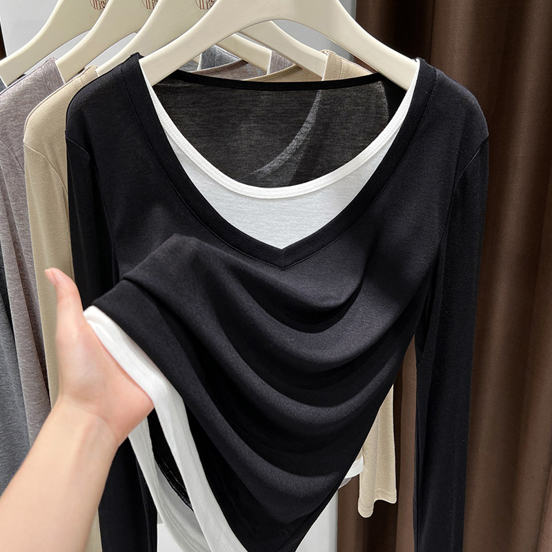 黑色纯色双层领t面膜体t恤女2024新款小众内搭欧货独特别致打底衫