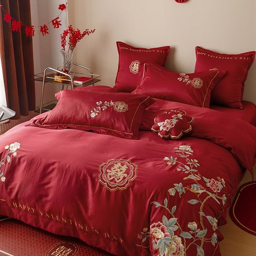 浪漫现代风婚庆100支澳棉全棉四件套刺绣大红色被套床上用品结婚