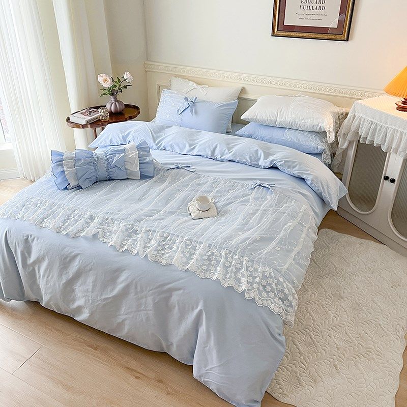 仙女纯棉公主风蕾丝被套四件套纯色100%全棉床裙式少女心床品套件