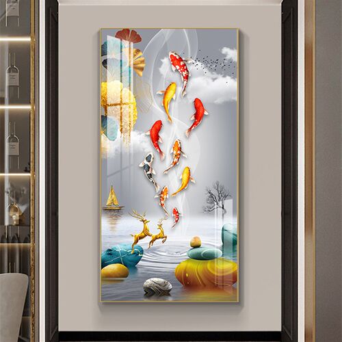 现代简约入户玄j关装饰画正对门走廊过道竖版挂画九鱼图寓意好壁