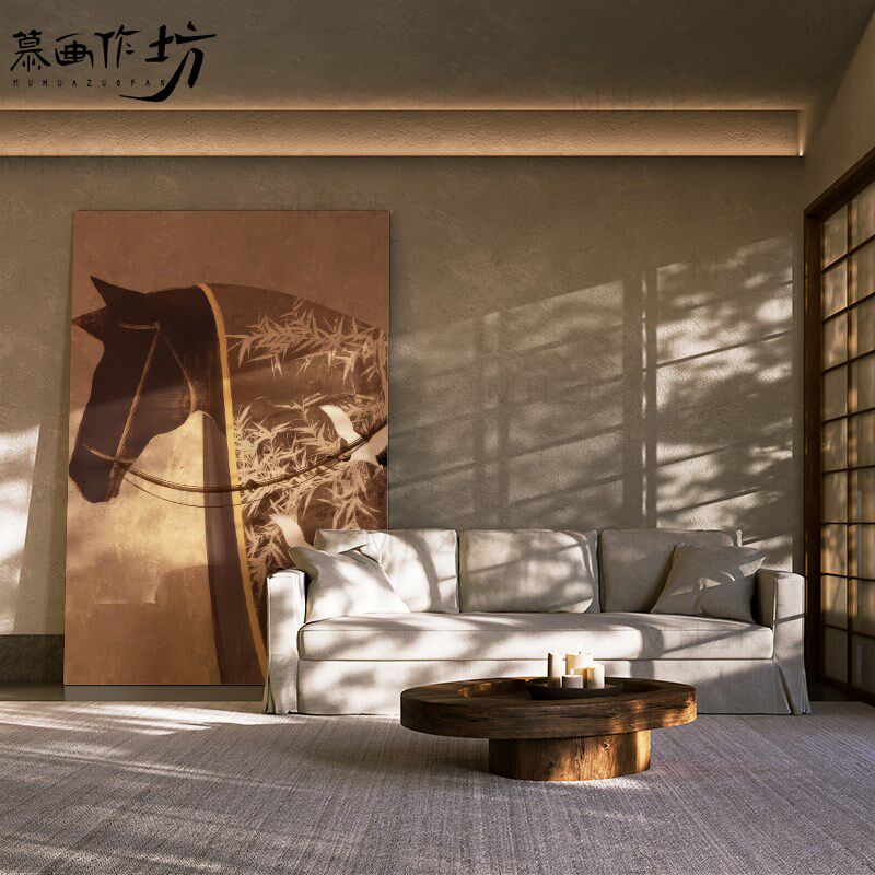 慕画【漆画】宅寂风马图装饰画客厅走廊沙发后落地画卧室玄关挂画