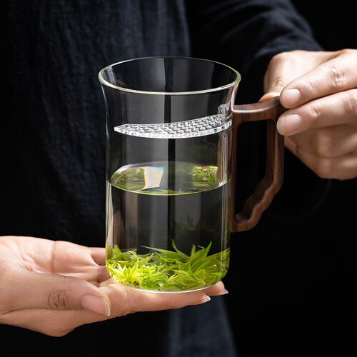 高级木柄月牙杯玻璃茶杯带过滤绿茶专用杯子毛尖龙井杯子带把手