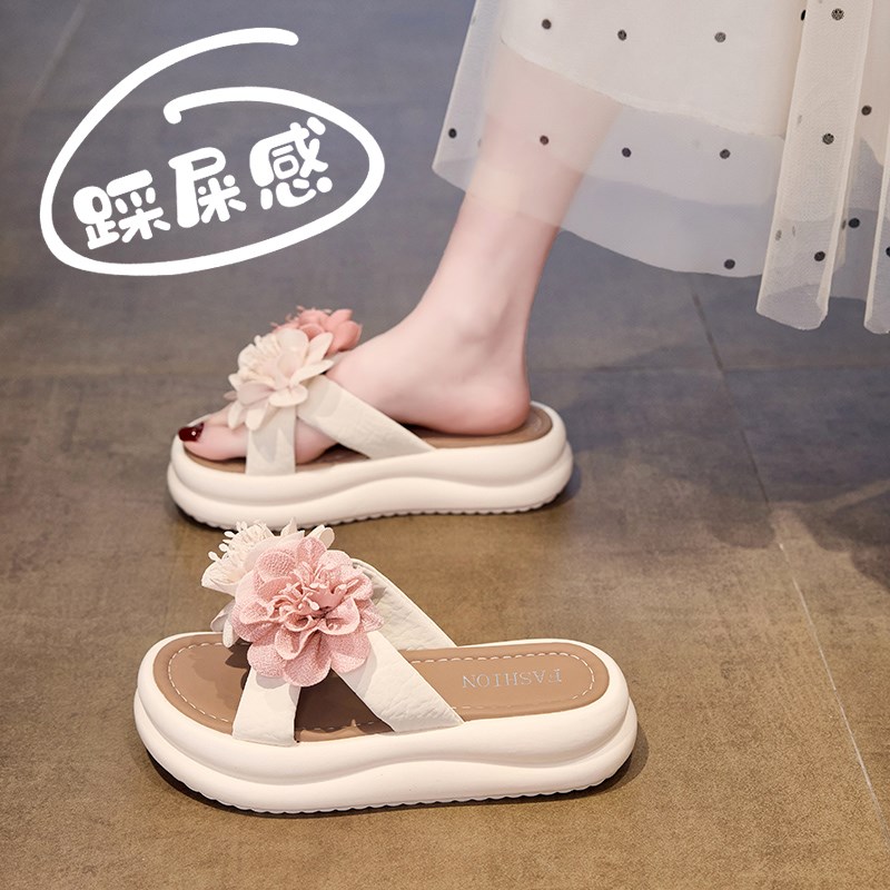 厚底花朵凉拖鞋女外穿夏季2025新款百搭软底防滑孕妇一字拖小码34