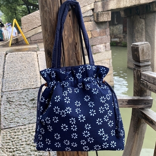 手工蜡染蓝印花布女士手提包抽绳束口小碎花布包乌镇特色抽带手袋