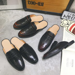 秋季包头男半拖鞋港风一脚蹬情侣小皮鞋英伦透气个性潮流女款凉托