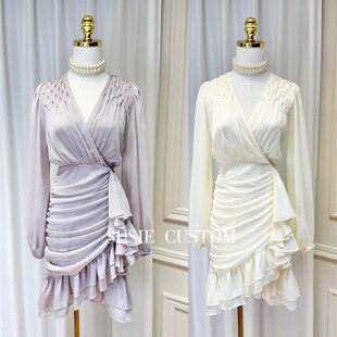 设计款重工立体格纹串珠tV领细闪面料泡泡袖褶皱包臀荷叶鱼尾裙