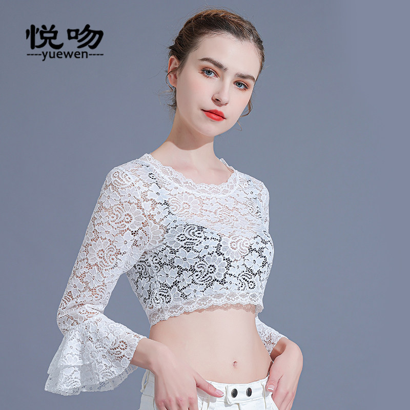 半截蕾丝打底衫女内搭夏薄款洋A气喇叭袖小衫别致圆领t恤罩衫短款