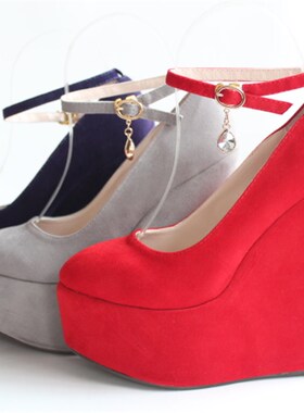 秋季新款超高坡跟15cm单鞋红色结婚新娘鞋大码43小码32厚底女鞋33