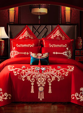 新婚庆四件套大红色刺绣六件套婚礼婚房结婚喜庆被套龙凤床上用品