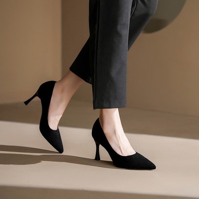 礼仪尖头高跟鞋正装通勤黑色不累脚C2024年学生细跟绒面工作单鞋