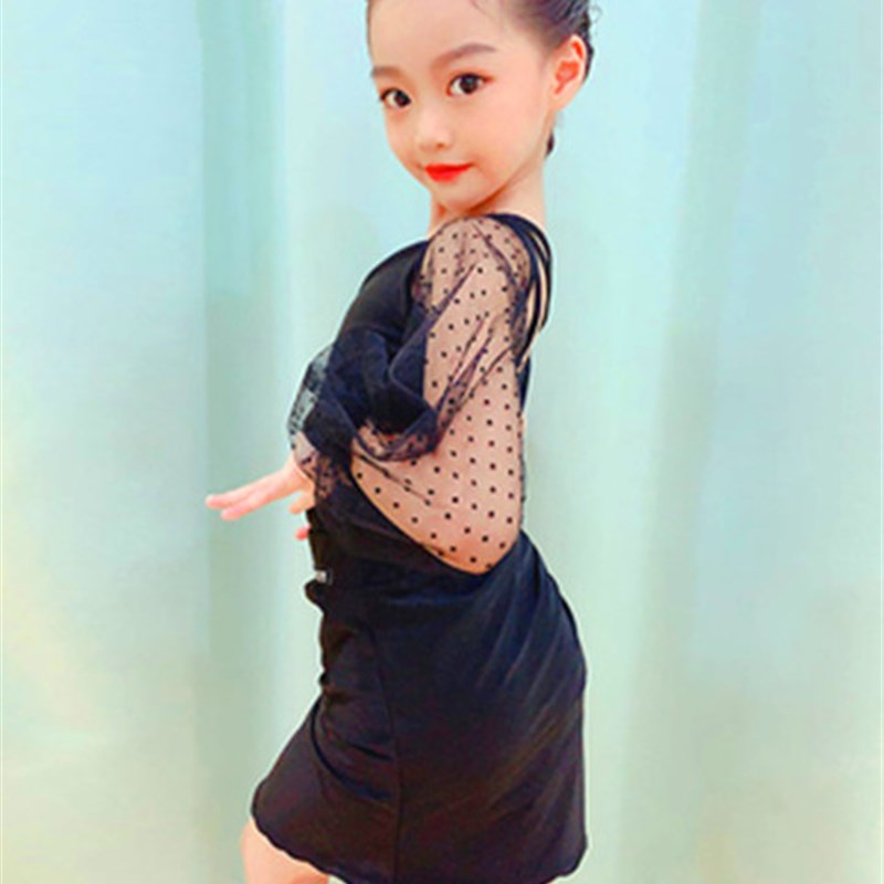 新款拉丁舞服女儿童练功服少儿拉丁舞蹈服黑色网纱单袖表演服班服