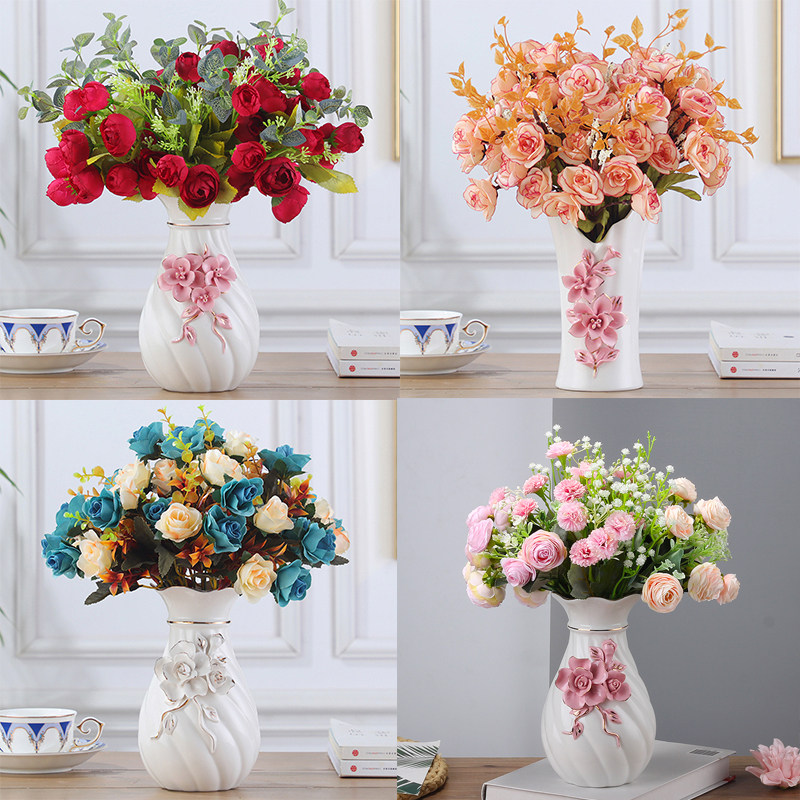小玫瑰花茶玫仿真花花艺假花花束配陶瓷花瓶套装S欧式客厅餐桌摆