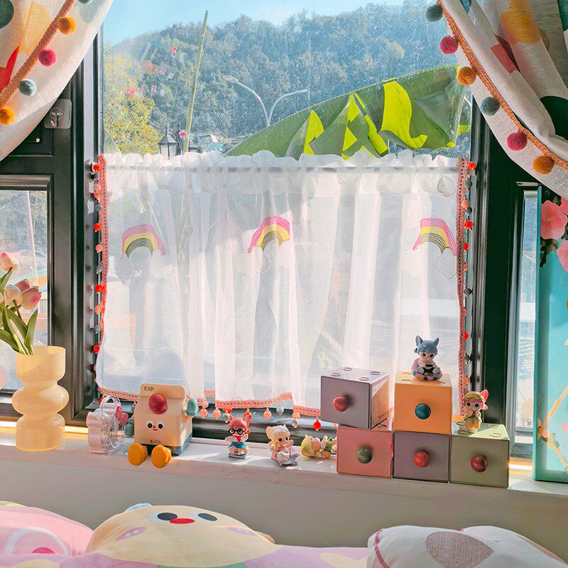 清新小彩虹伸缩杆纱帘阳台半截白色窗帘韩系珠子边帘子透光不透人,居家布艺,垂直帘/梦幻帘,淘宝优惠券,粉丝福利购,淘宝优惠卷