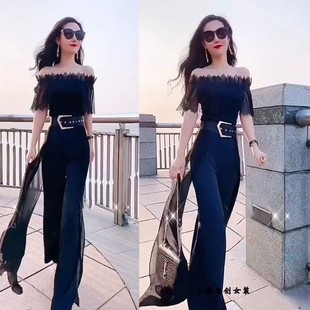 好品质2021年女夏装洋气减龄气质蕾丝一字领时尚小个子显高两件套