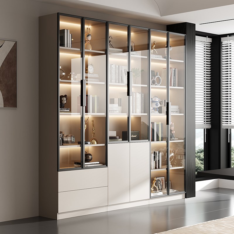 书柜客厅2024新款可定制玻璃门展示柜置物架书架一体靠墙实木书柜